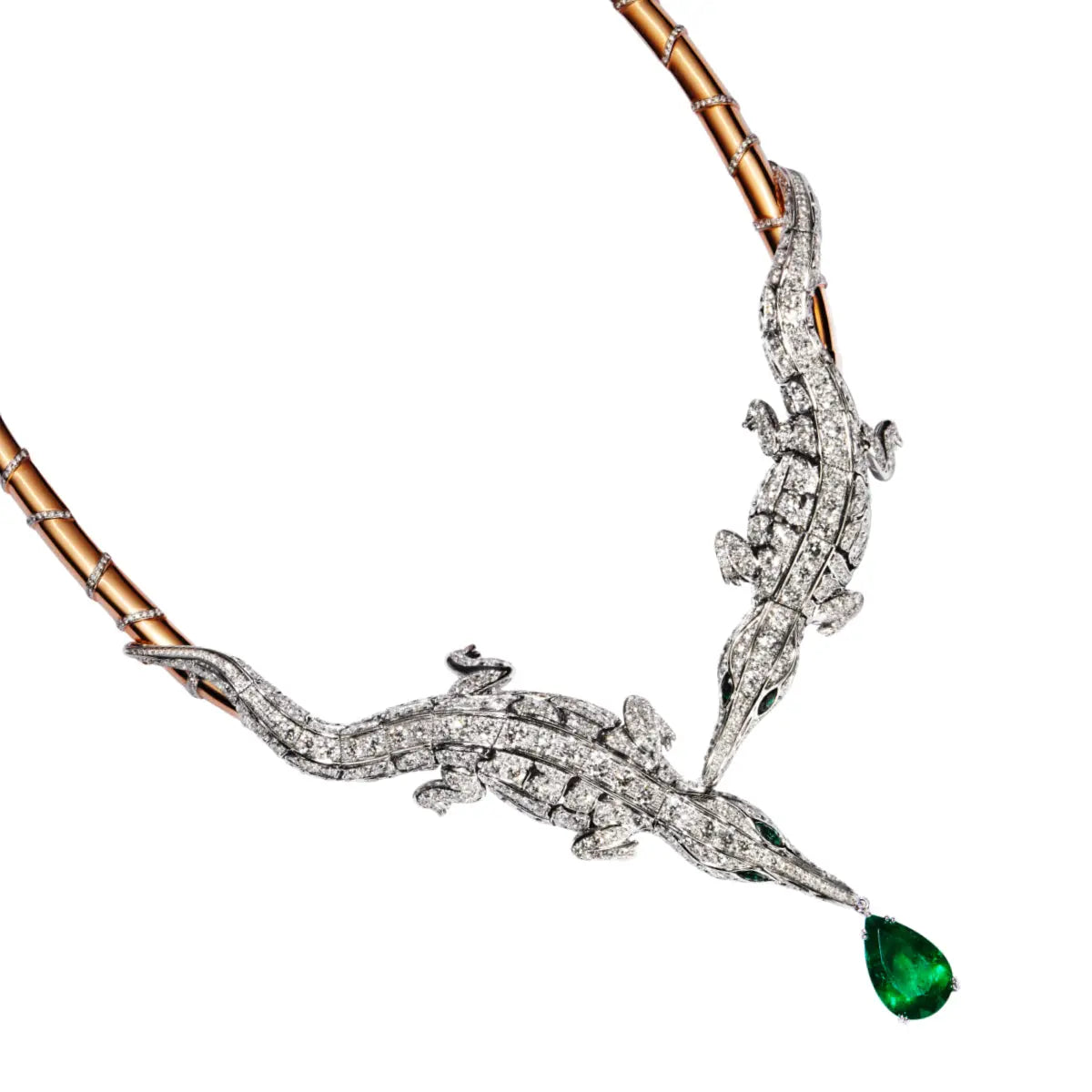 CARESSE DE CROCO DOUBLE CROCODILE FULL PAVÉ DIAMOND NECKLACE, WHITE AND ROSE GOLD