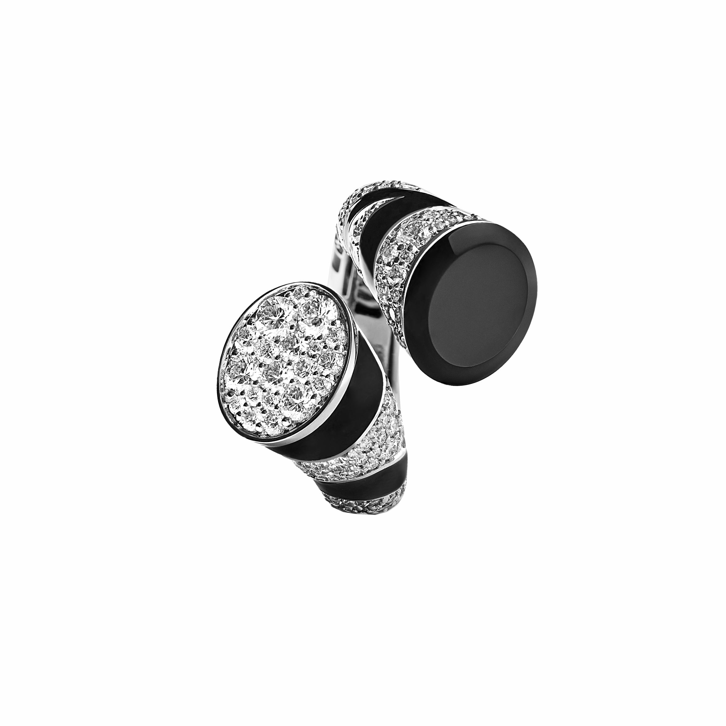 LA SAVANE DOUBLE FULL PAVE DIAMOND ONYX AND ENAMEL RING WHITE GOLD