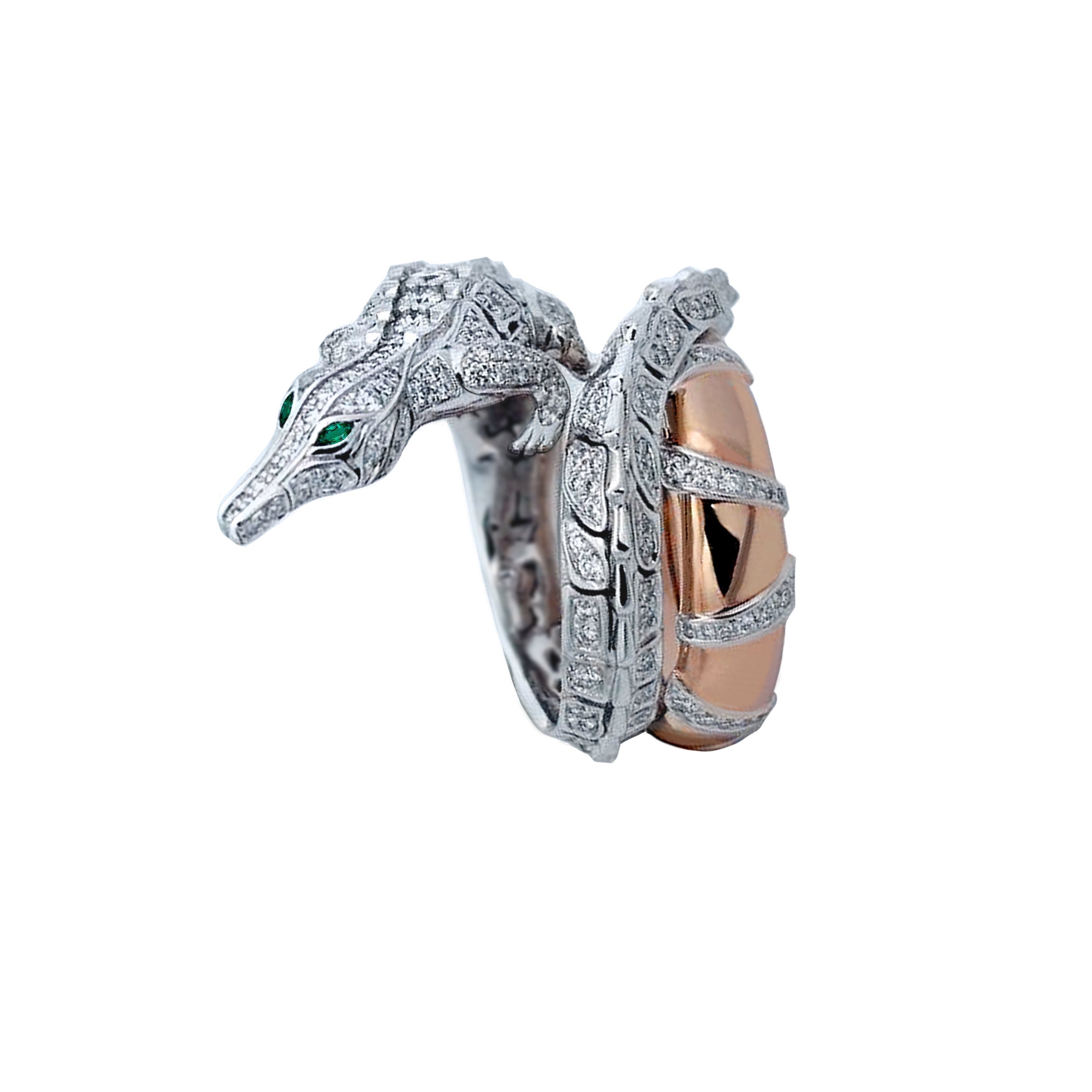 CARESSE DE CROCO FULL PAVE DIAMOND CROCODILE RING, ROSE AND WHITE GOLD