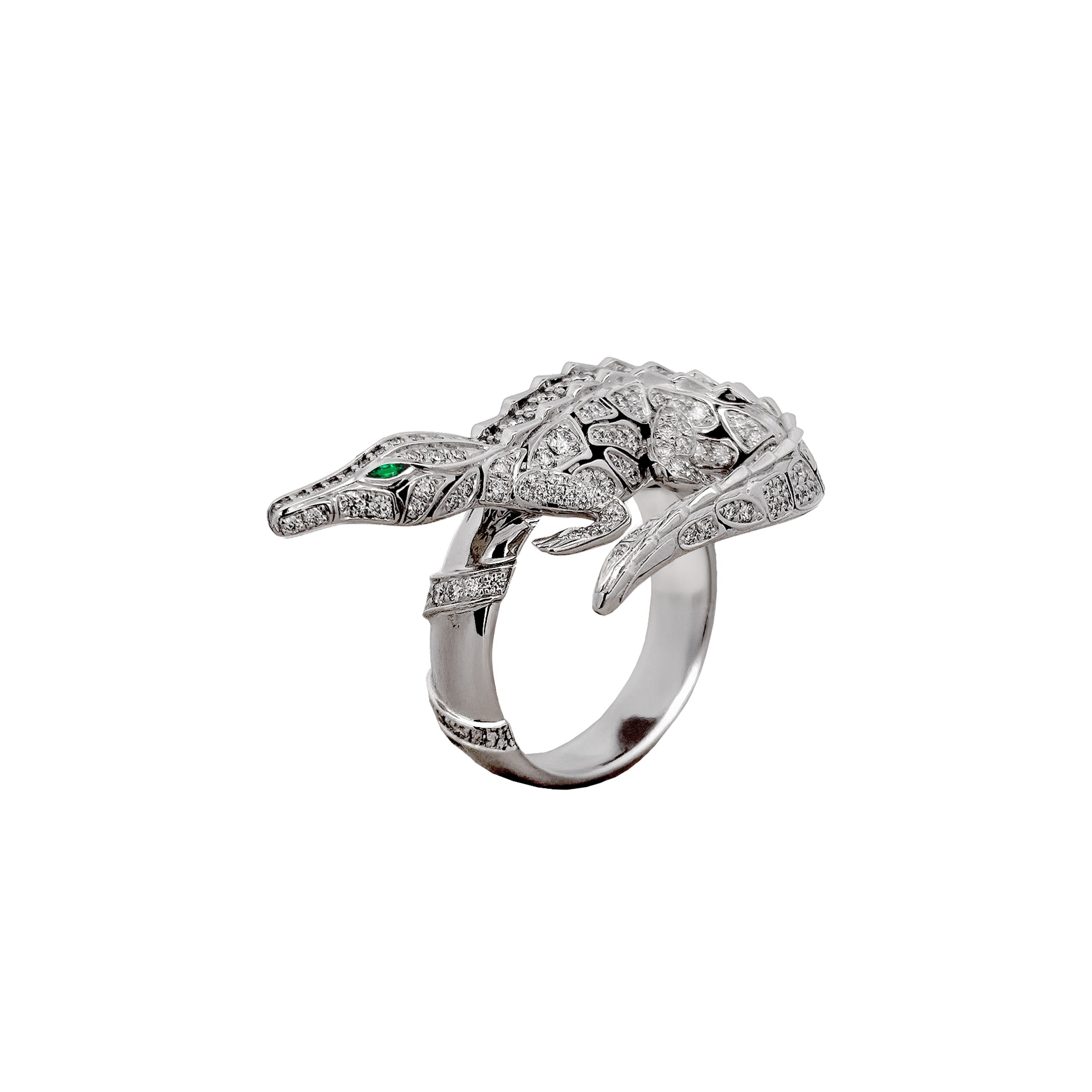 CARESSE DE CROCO FULL PAVE DIAMOND CROCODILE RING, WHITE GOLD