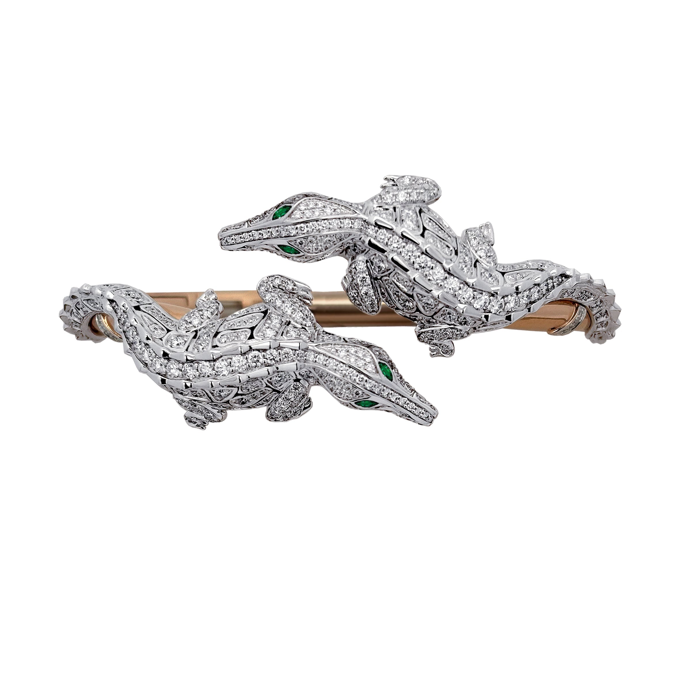 CARESSE DE CROCO DOUBLE CROCODILE FULL PAVE DIAMOND BRACELET, WHITE & ROSE GOLD