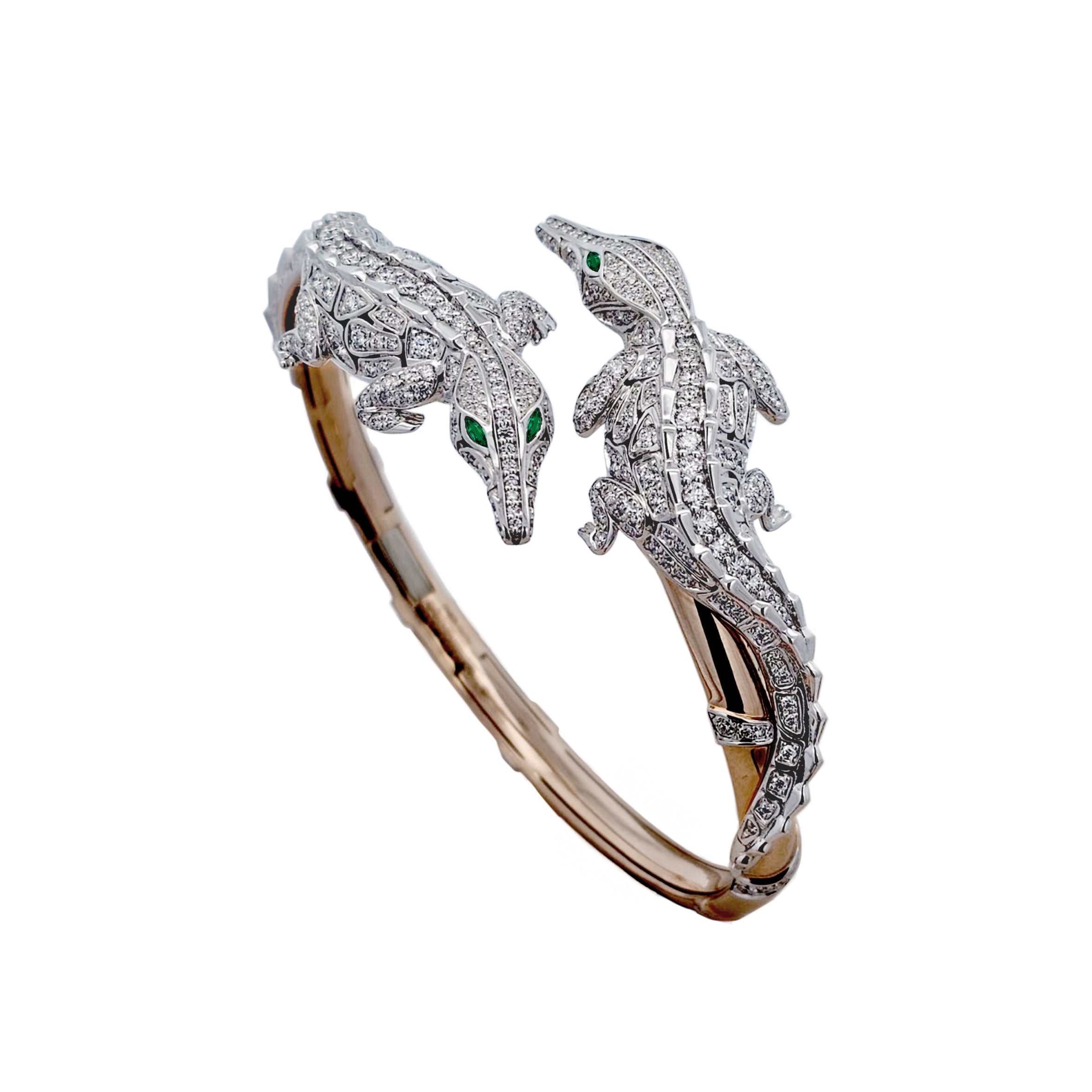 CARESSE DE CROCO DOUBLE CROCODILE FULL PAVE DIAMOND BRACELET WHITE ROSE GOLD