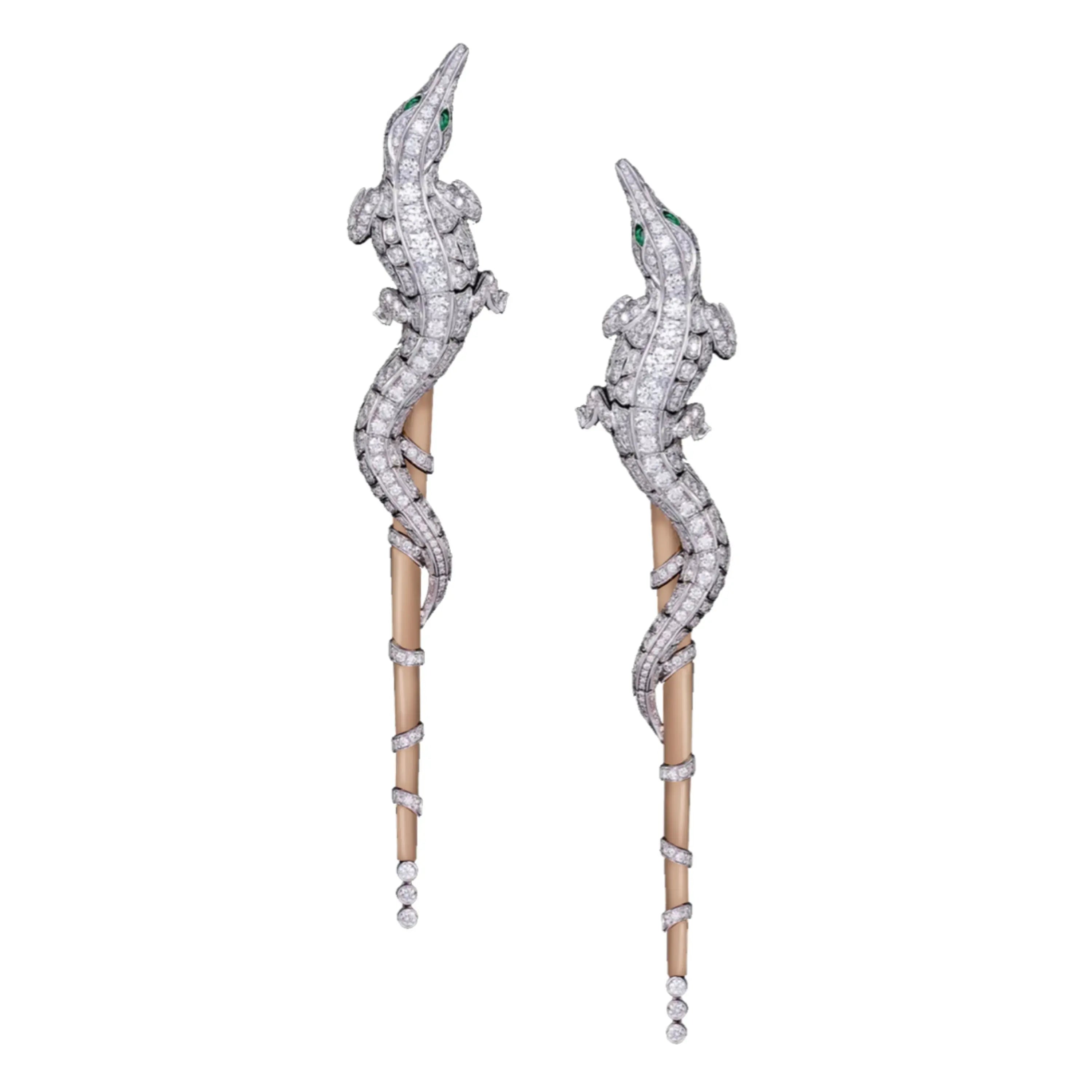CARESSE DE CROCO FULL PAVE DIAMOND EARRINGS WHITE AND ROSE GOLD LONG VERSION