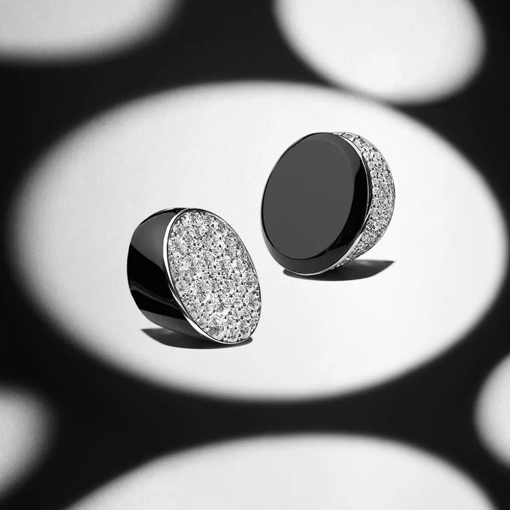 LA SAVANE FULL PAVE DIAMOND ONYX AND ENAMEL STUDS, WHITE GOLD