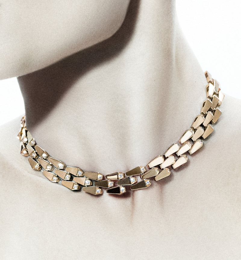 SPIKE 3 ROW LIGHT PAVE DIAMOND NECKLACE ROSE GOLD