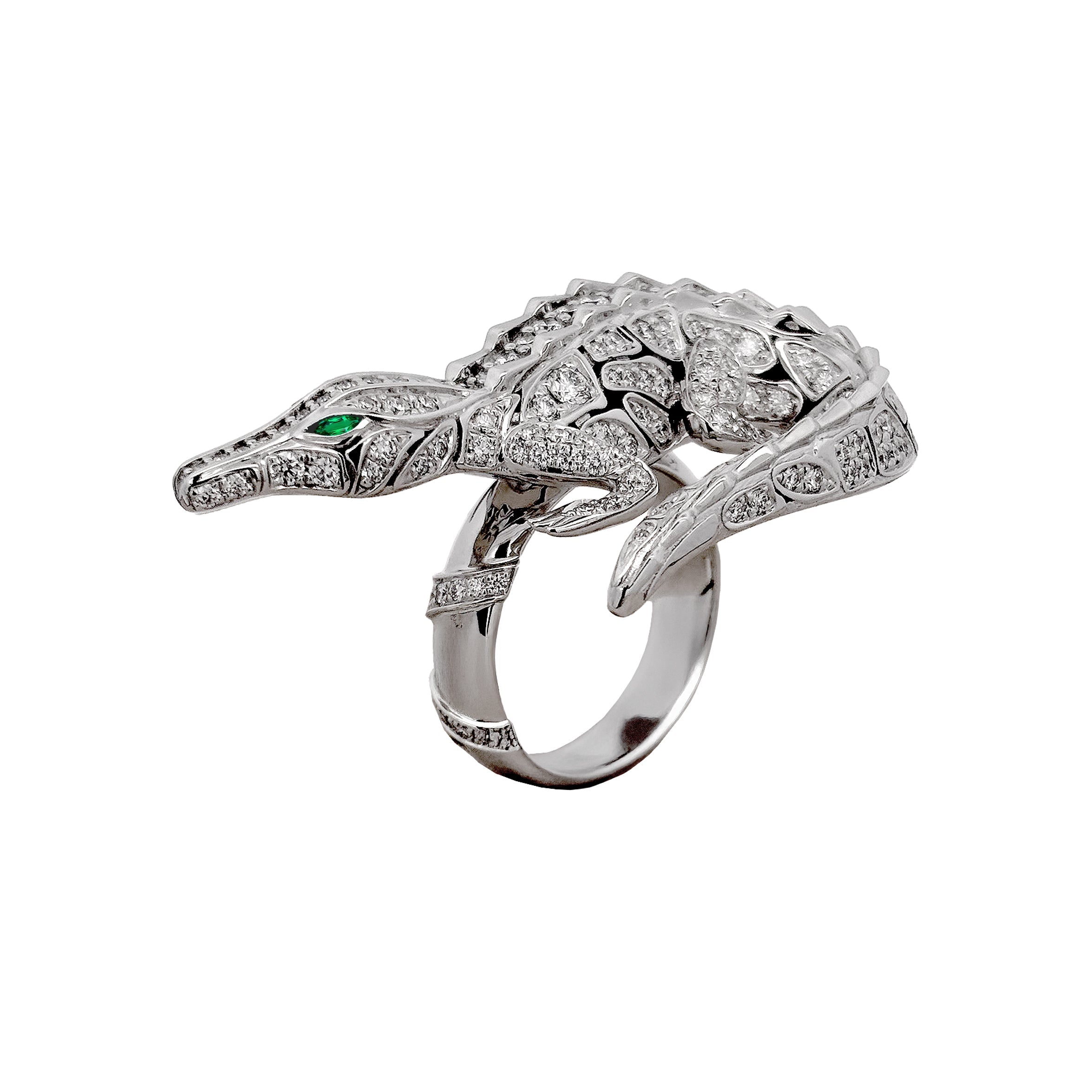 CARESSE DE CROCO FULL PAVE DIAMOND BIG CROCODILE RING WHITE GOLD