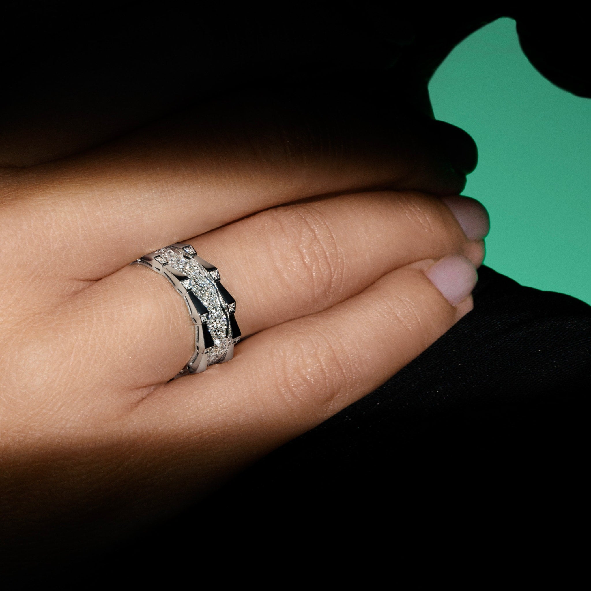 SPIKE DOUBLE ROW FULL PAVE DIAMOND RING, WHITE GOLD